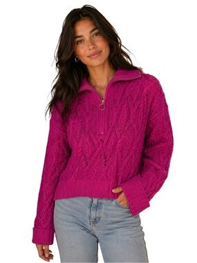 Pink Rose Hot Pink Cable Knit Full Zip Sweater Jacket XL Fuchsia Collared NWT